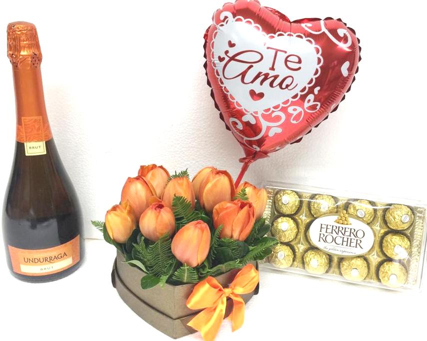Caja Corazón de 10 Tulipanes, Bombones Ferrero Rocher 150grs, Champagne 750cc y Globito